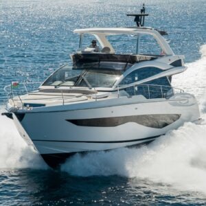 Luxury Pearl 62 yacht cruising on open sea, 2022 model.