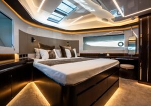 Luxurious bedroom interior of 2022 Pearl 62 yacht with modern design and ambient lighting.