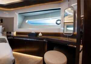 Luxurious interior of 2022 Pearl 62 yacht with modern design and elegant furnishings.