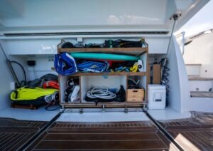 Storage compartment on a 2022 Pearl 62 yacht, filled with water sports equipment.