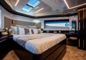 Luxurious bedroom interior of 2023 Pearl 62 yacht with modern design and elegant furnishings.