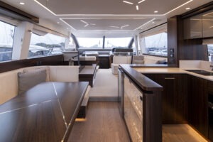 Luxurious interior of 2021 Sunseeker Manhattan 68 yacht with modern design and spacious layout.
