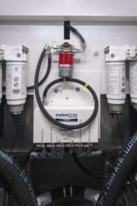 Engine room of 2021 Sunseeker Manhattan 68 yacht, featuring Marco fuel filtration system.