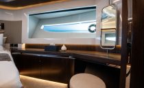 Luxurious interior of 2022 Pearl 62 yacht with modern design and elegant furnishings.