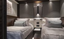 Luxurious twin cabin interior of 2021 Sunseeker Manhattan 68 yacht.