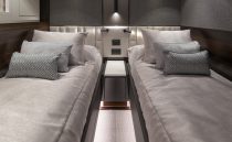 Luxurious twin cabin interior of 2021 Sunseeker Manhattan 68 yacht.