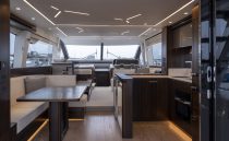 Luxurious interior of 2021 Sunseeker Manhattan 68 yacht with modern design and elegant furnishings.