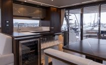 Luxurious interior of 2021 Sunseeker Manhattan 68 yacht with modern design and elegant furnishings.