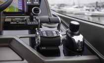 Control panel of 2021 Sunseeker Manhattan 68 yacht, featuring throttle and joystick controls.