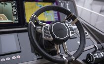 Steering wheel and dashboard of 2021 Sunseeker Manhattan 68 yacht.