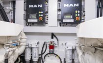 Engine room of 2021 Sunseeker Manhattan 68 yacht with MAN control systems.