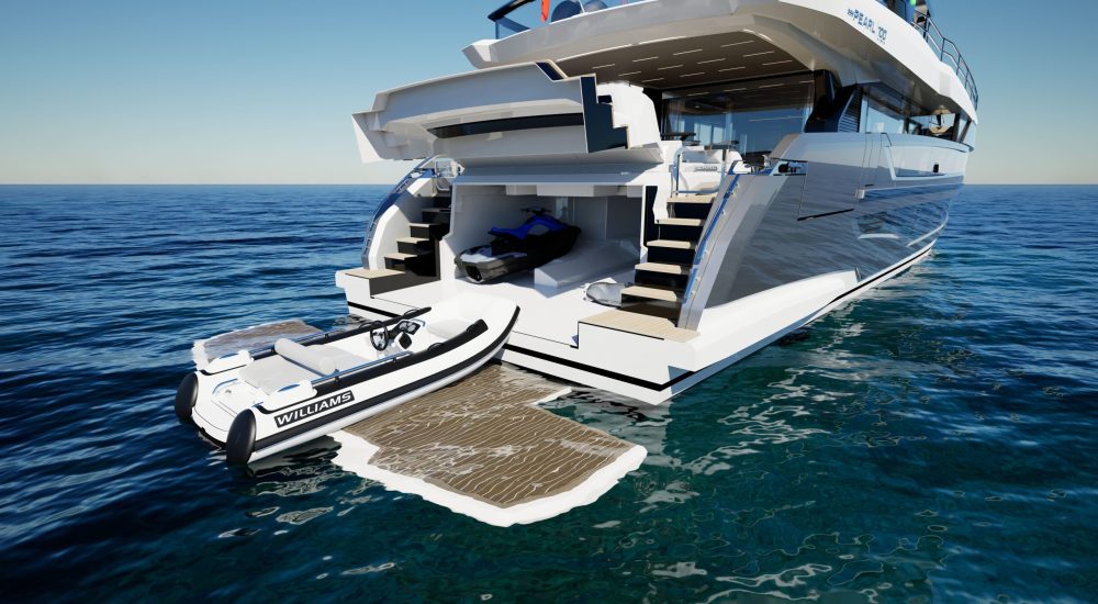 Pearl 100 Hybrid Exterior - Garage open, jetski and platform lowered